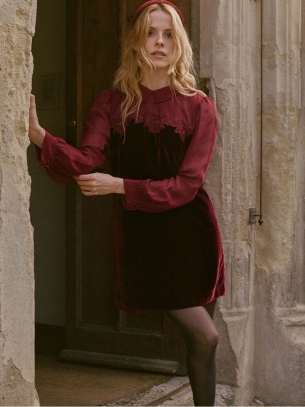 Doen Burgundy Velvet Lace-Yoke Mini Dress